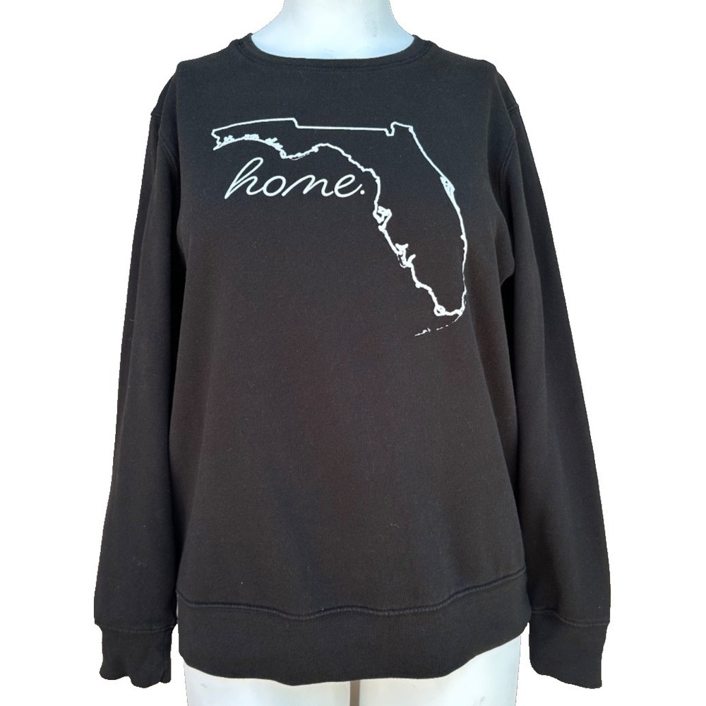 Home Free Florida Map Sweatshirt Womens L Black Fleece Pullover Travel USA Van